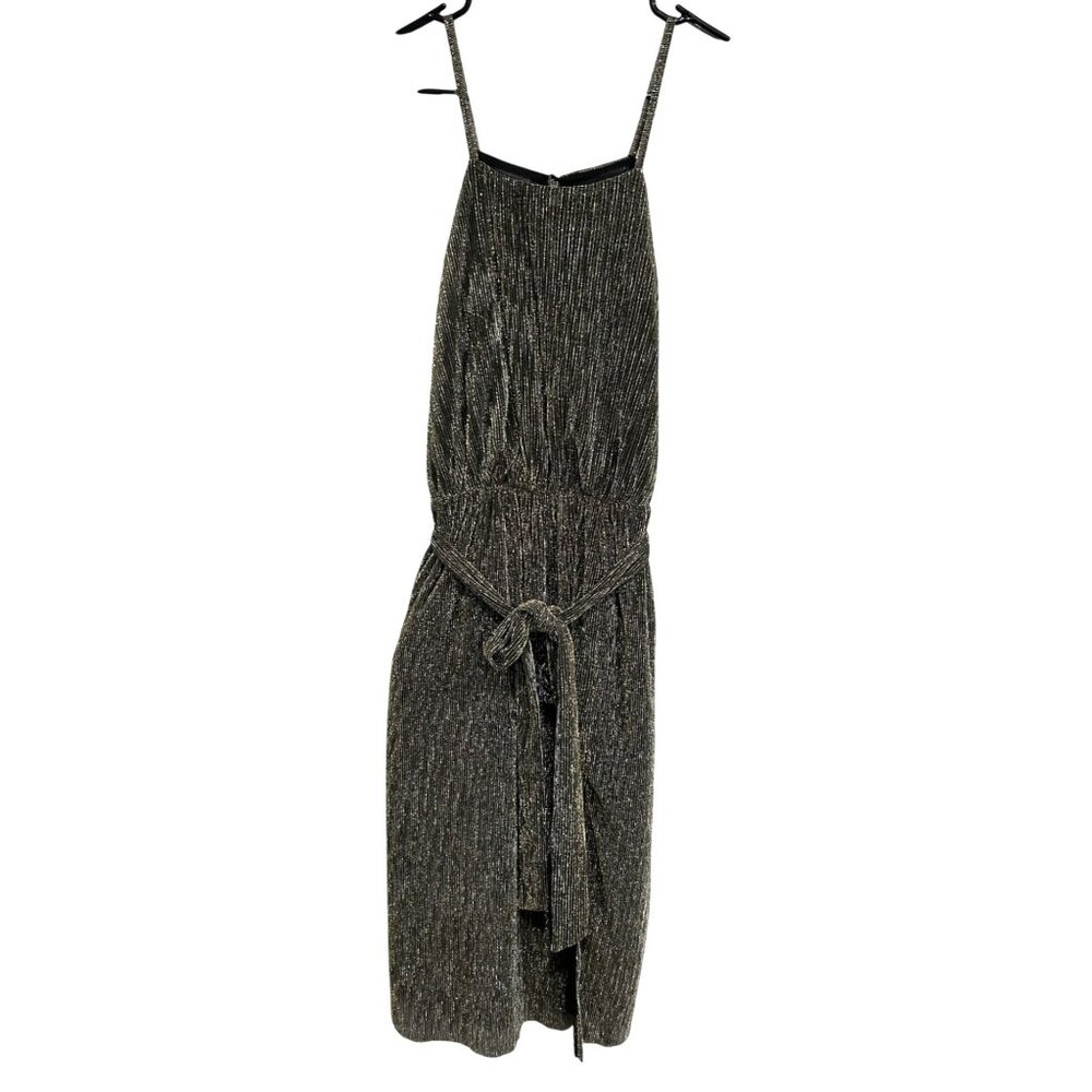 Metallic Black Gold Striped Midi Dress Adjustable Tie Waist Spaghetti Strap Sz S
